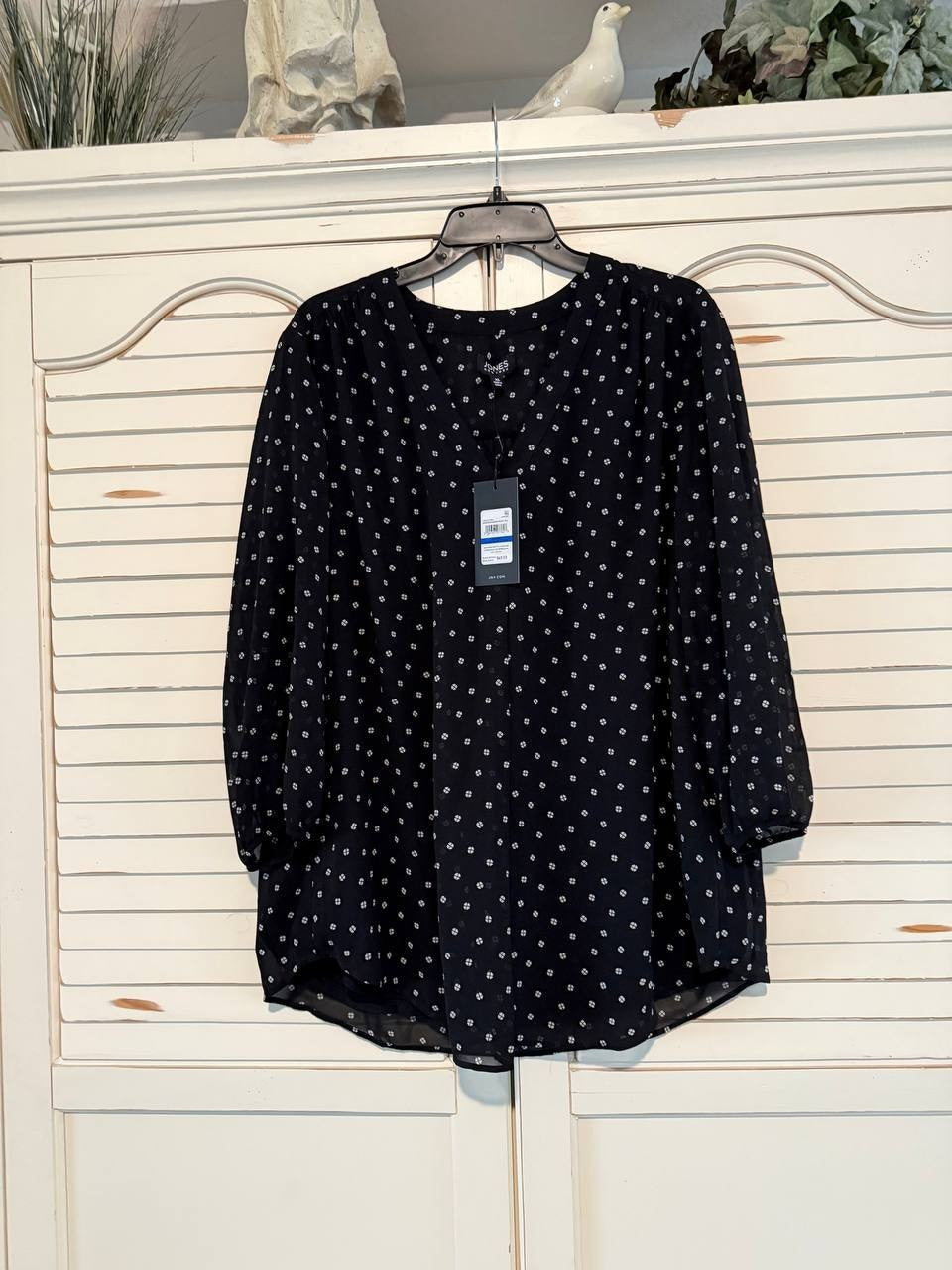 Jones New York V-Neck 3/4 Sleeve Printed Blouse Black Size XL NWT $69.50
