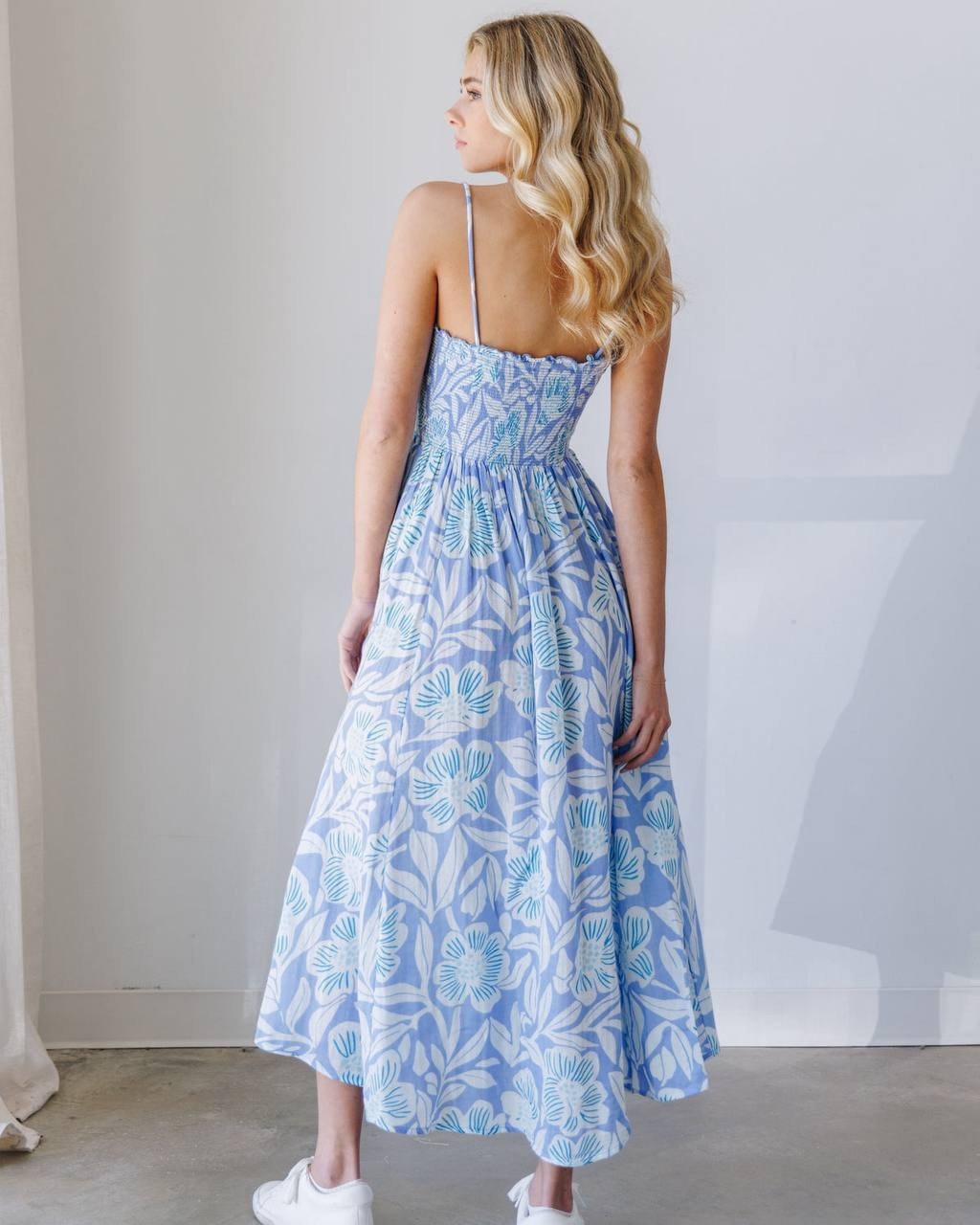 Free People Sweet Nothings Midi Dress Blue Vista XS NWT Smocked Bodice