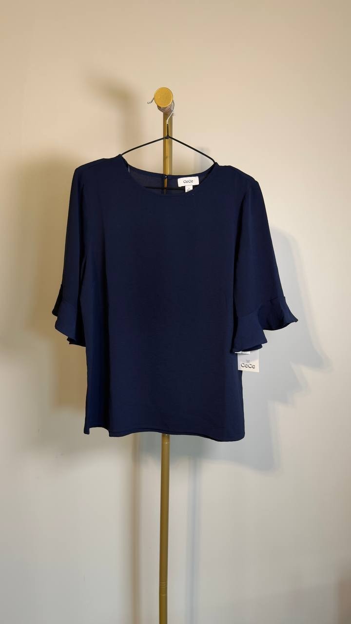 CeCe Crewneck 3/4-Sleeve Ruffled Cuff Blouse Classic Navy M NWT $49