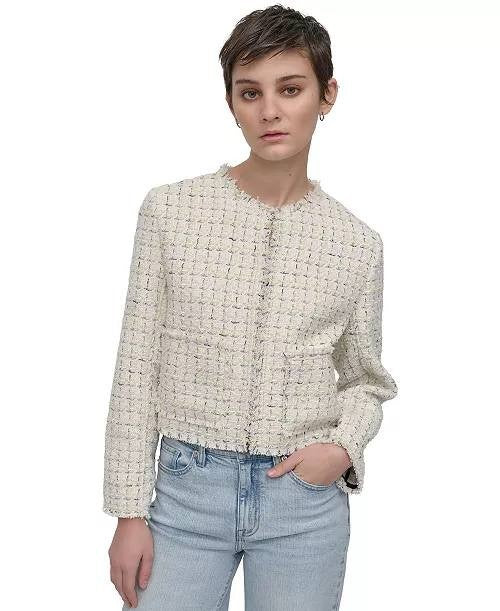 DKNY Jeans Frayed Cropped Jacket Ivory Tweed Open Front Size XL - Women