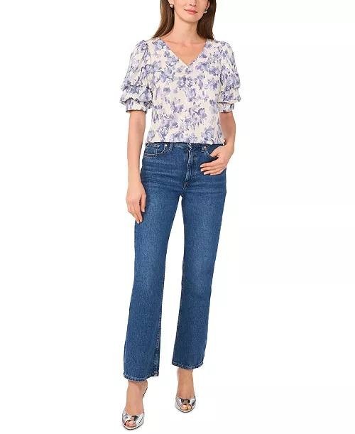 Sam & Jess Floral‑Print Bubble‑Sleeve Top Floral Multi XL NWT $59