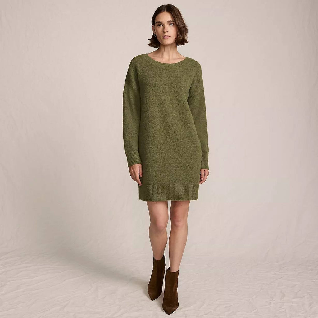 Lands’ End Fuzzy Bow Back Mini Sweater Dress Olive Drab Heather XL NWOT $109.95