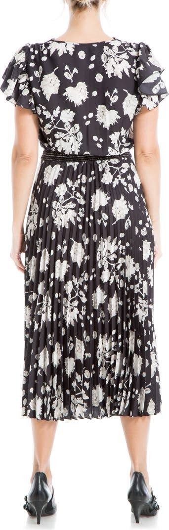 Max Studio Flutter Sleeve Pleated Midi Dress –BlackFloral- Size L – NWT
