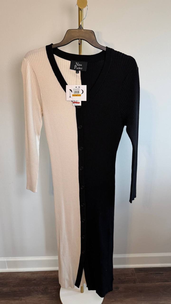 Nina Parker Plus Size Ribbed Button‑Front Dress Black/White 2X NWT $99