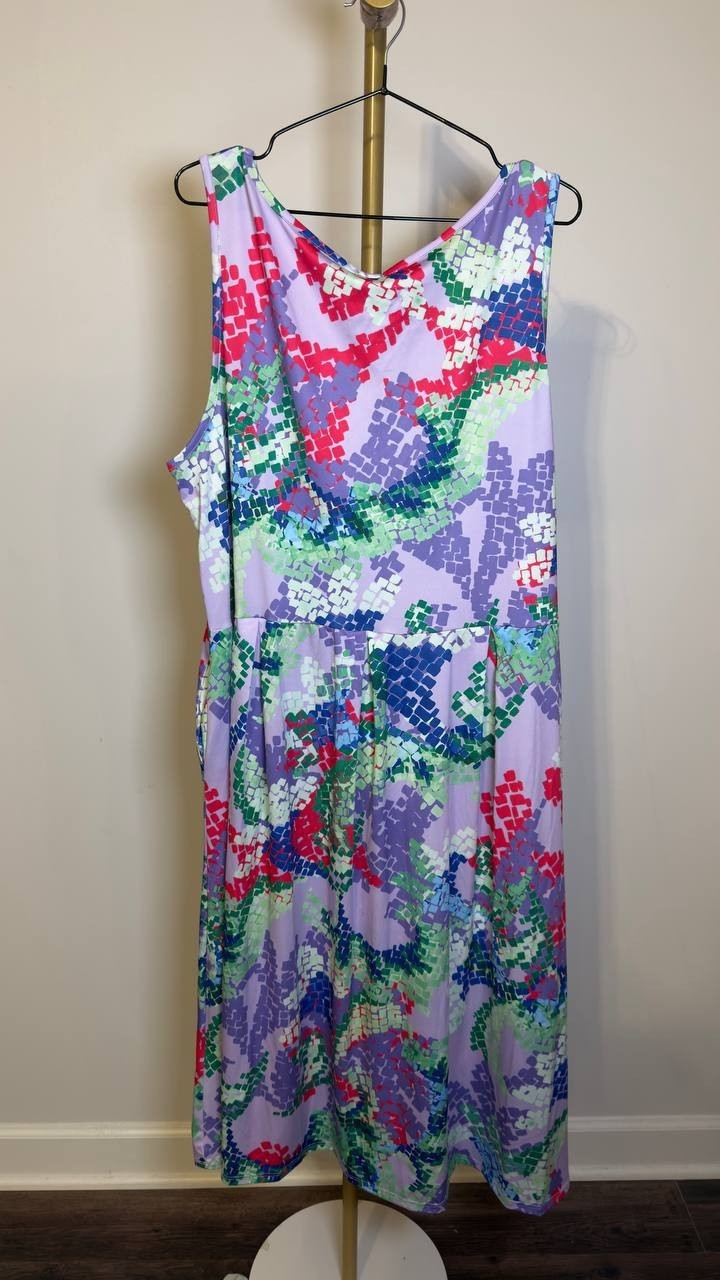 24seven Comfort Apparel Plus Abstract  Midi Dress Purple Multi 2XL NWT $64