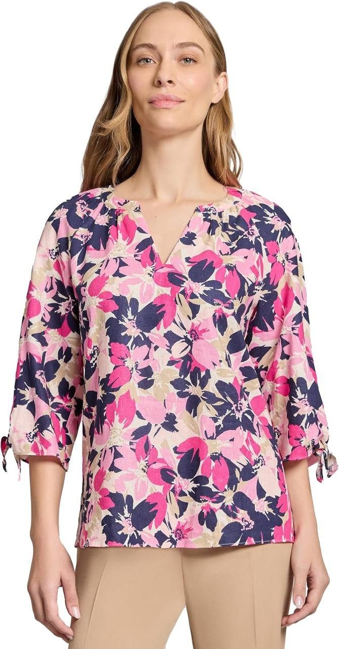 Jones New York V‑Neck Print Tie‑Sleeve Linen Blend Blouse White Multi XS NWT