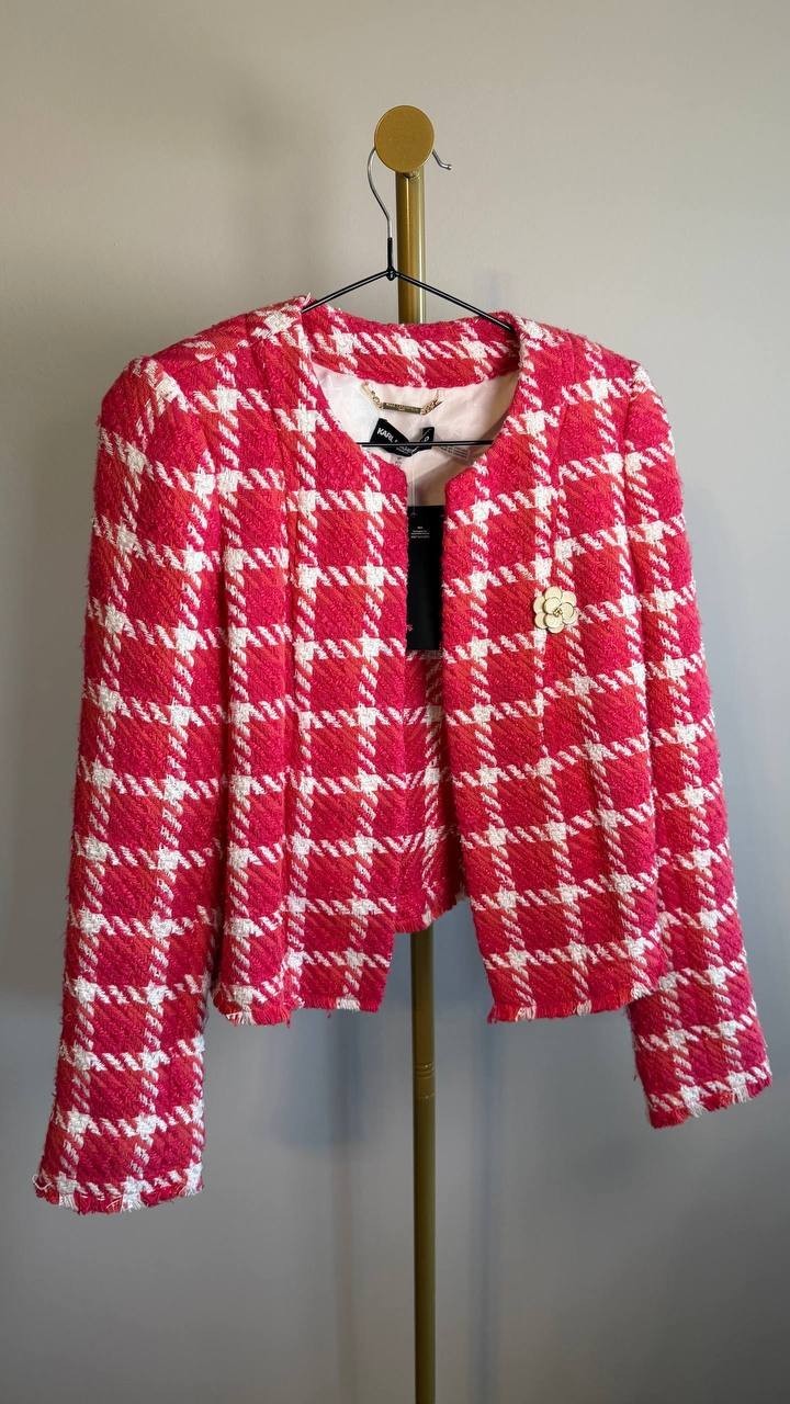 Karl Lagerfeld Paris Women’s Open‑Front Tweed Jacket Red White 8P $179 NWT