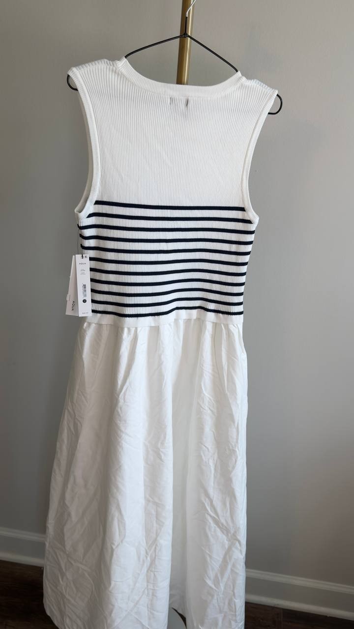 AQUA Mixed Media Maxi Dress White Navy L NWT $98