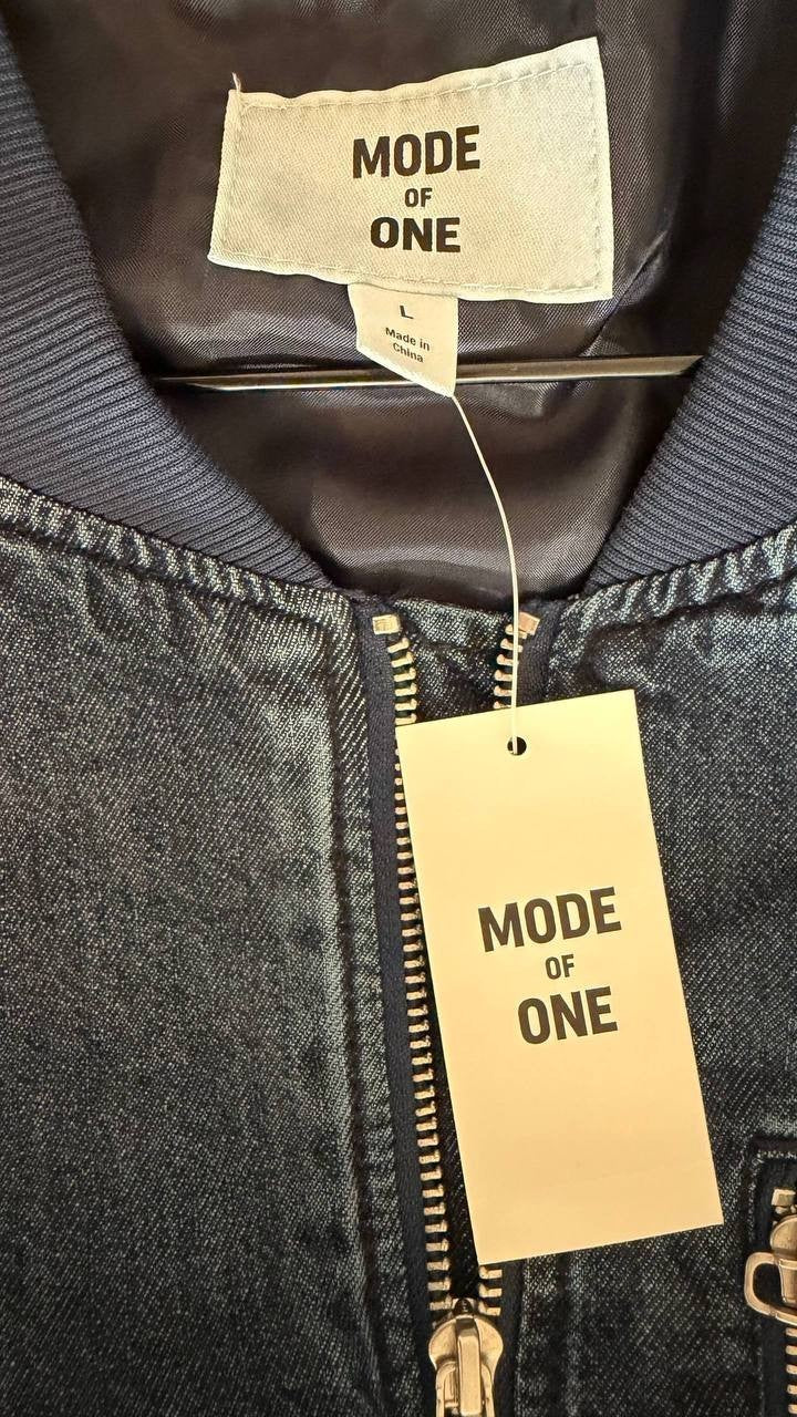 Mode of One Men’s Costas Zip‑Front Denim Bomber Jacket Blue L $100 NWT
