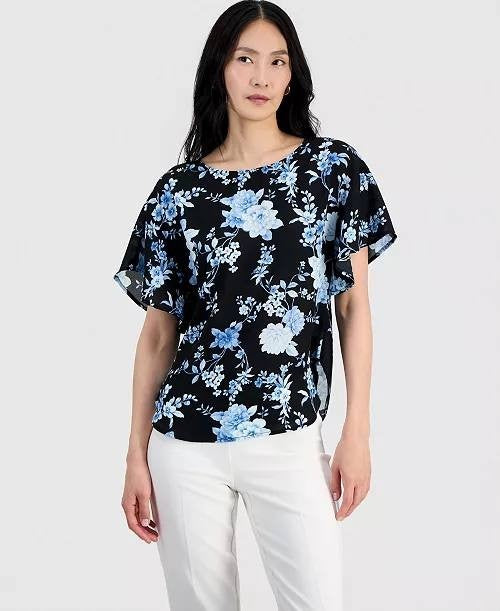 Anne Klein Boat‑Neck Flutter‑Sleeve Blouse Black Multi XL NWT $69