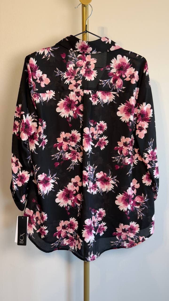 BCX Juniors’ Floral-Print Roll-Sleeve Button-Up Blouse Pat A L NWT $44