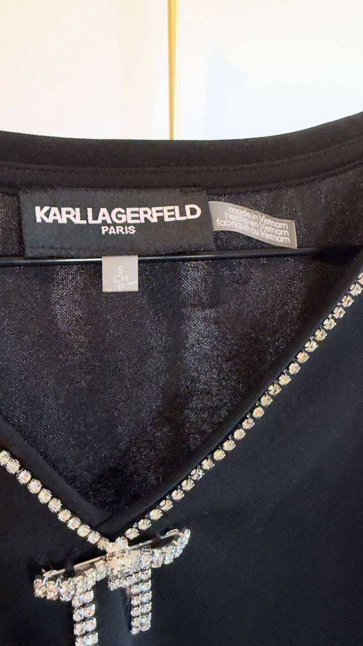 Karl Lagerfeld Paris Crystal Bow V‑Neck Knit Top Black S NWT $89