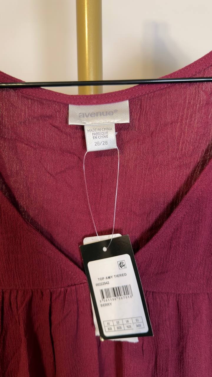 Avenue Plus Size Amy Tiered Bell Sleeve V‑Neck Blouse Berry 26‑28 NWT $60