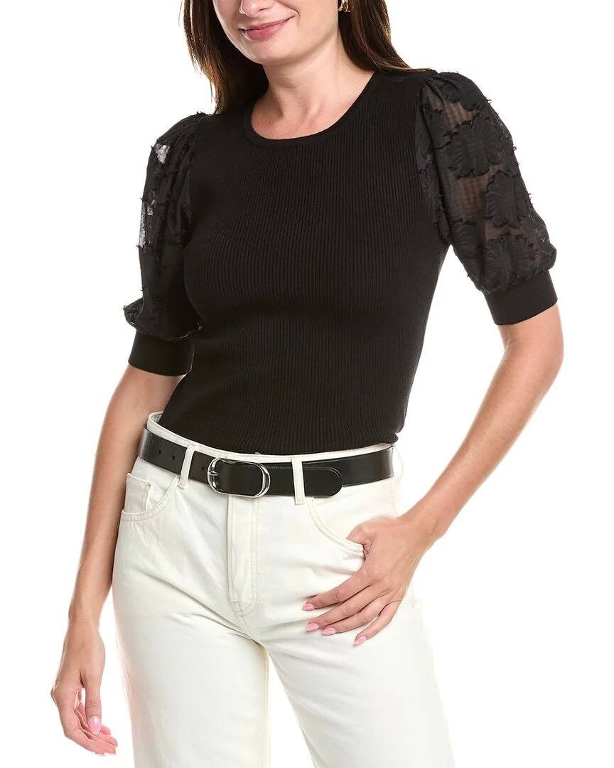 Tahari Puff‑Sleeve Ribbed Knit Top Black SizeM NWT Floral Sheer Sleeves msrp$78