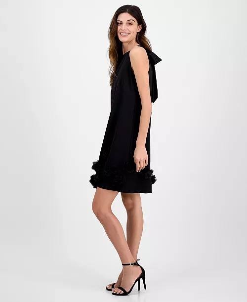 Anne Klein Jewel‑Neck Rosette‑Trim Shift Dress Black 6 NWOT $149