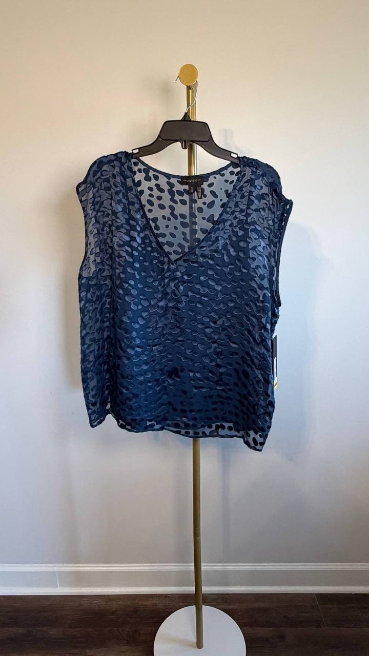 Donna Karan NY Cap‑Sleeve Silk‑Blend Burnout Blouse Blue XL NWT $129