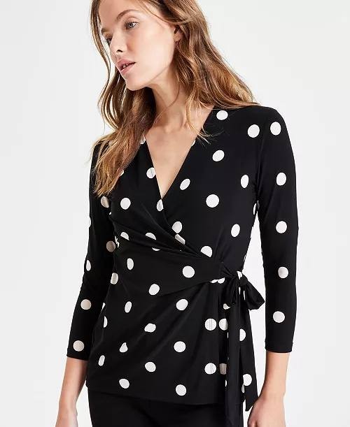 Anne Klein Women’s Printed Tie‑Waist Surplice Top Black/White Dot M NWOT $69