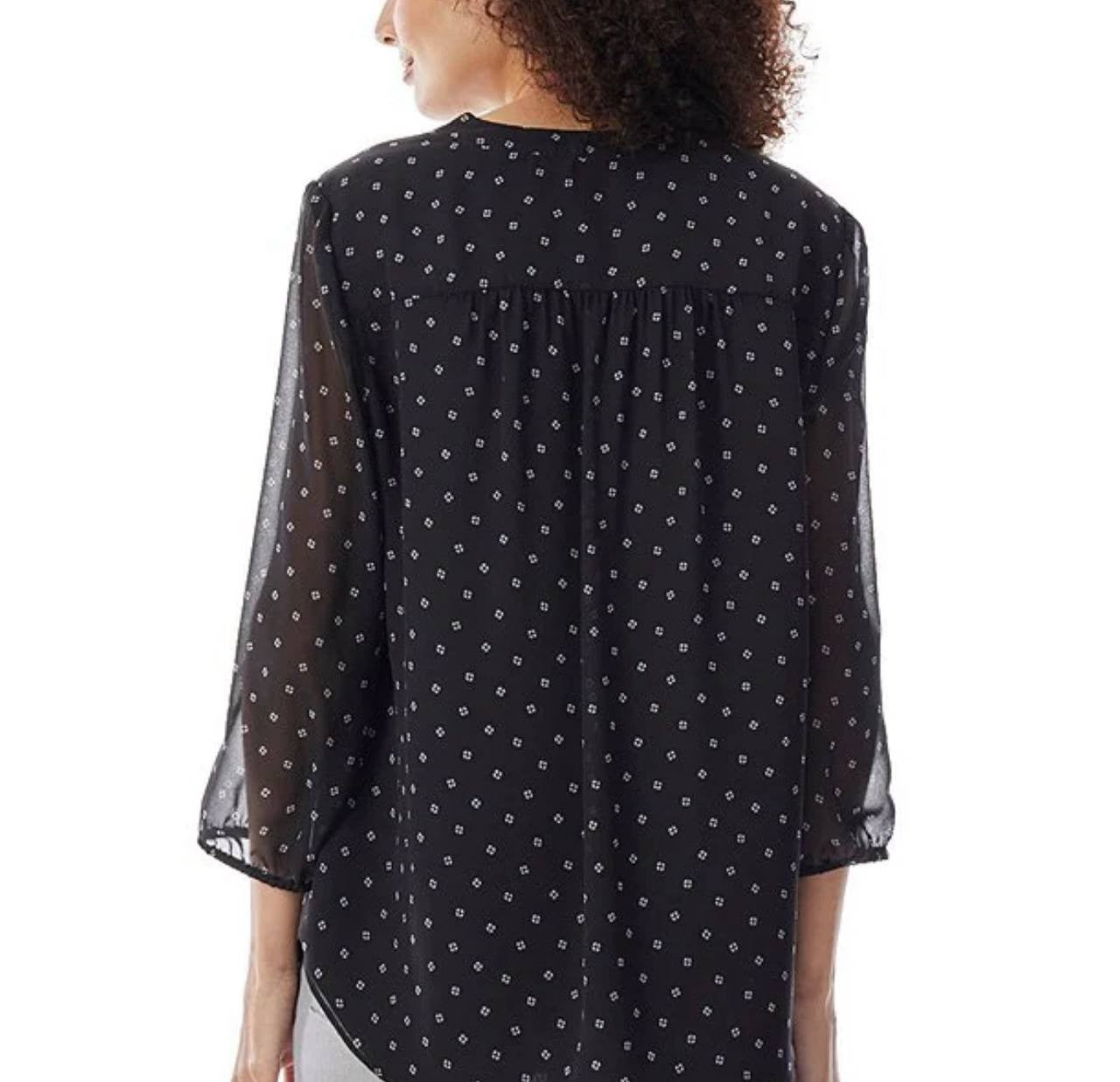Jones New York V-Neck 3/4 Sleeve Printed Blouse Black Size XL NWT $69.50