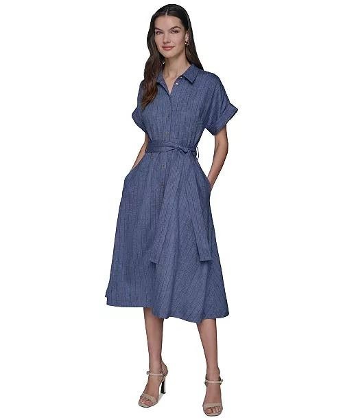 Karl Lagerfeld Paris Dress 12 Blue Belted Pinstripe Midi NWT MSRP $159 Classic
