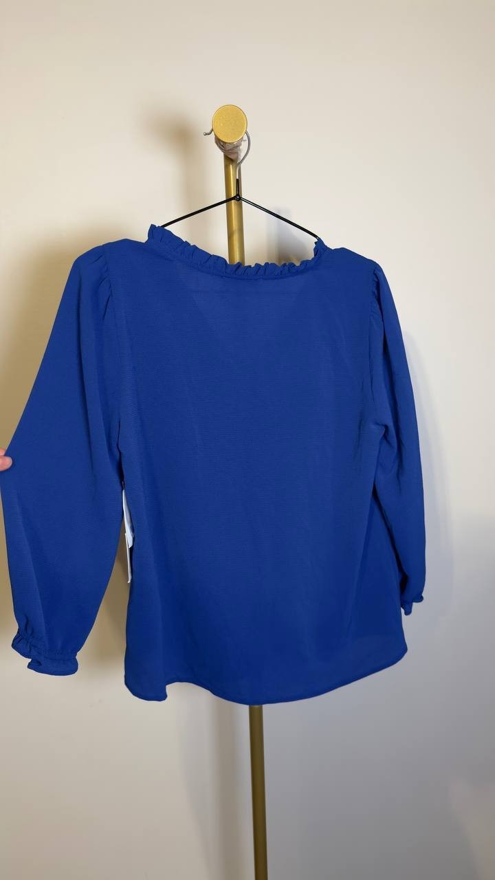 CeCe Women’s Ruffled Button‑Front 3/4‑Sleeve Blouse Royal Blue S NWT $69