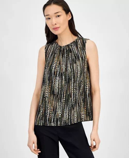 Anne Klein Round Neck Sleeveless Top Olive Palm Multi XL NWT $79