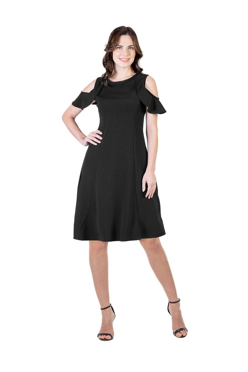 24seven Comfort Apparel Cold-Shoulder Ruffle A-Line Dress Black XL NWT $57