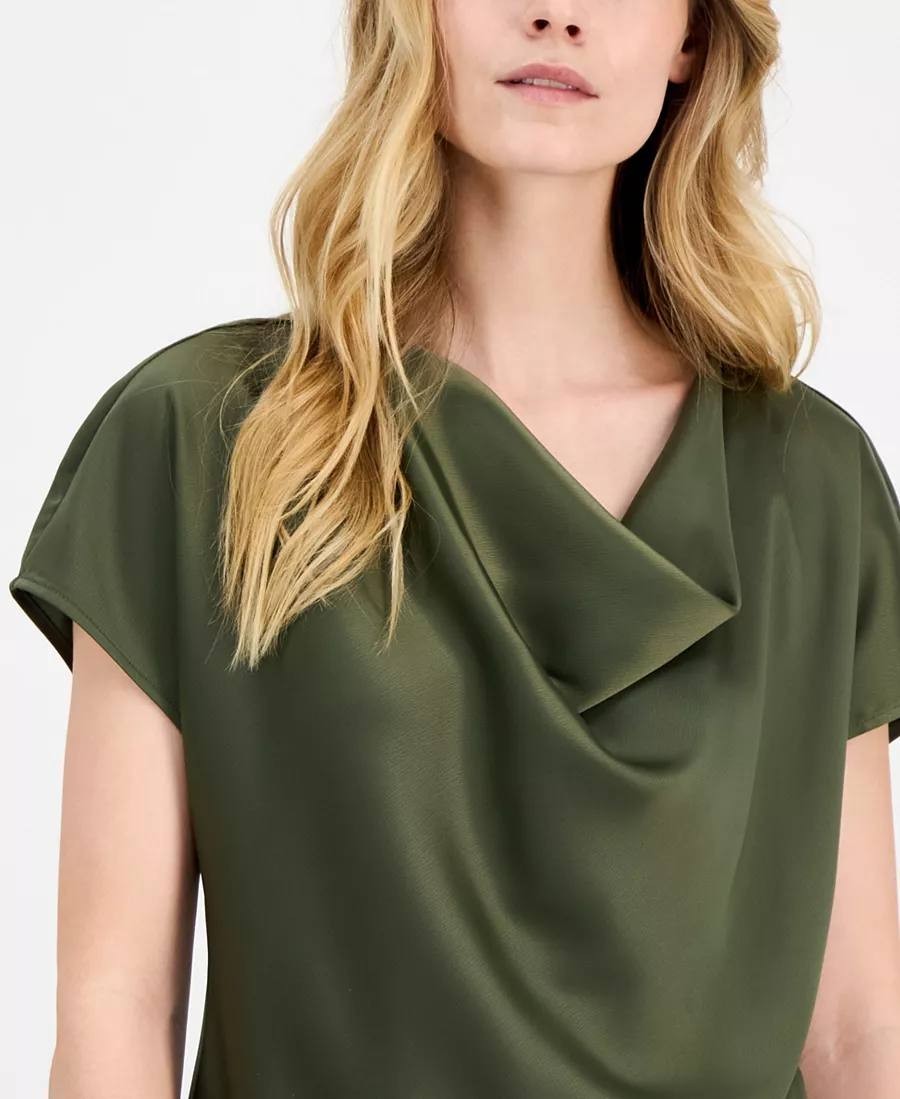 Anne Klein Solid Cowlneck Short‑Sleeve Blouse – Olive – Size L – NWT – $69