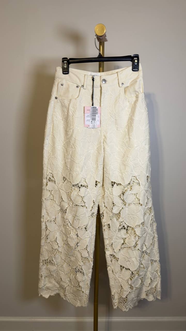 Avec Les Filles High Waist Embroidered Lace Cotton Pants Off White 27 NWT $158
