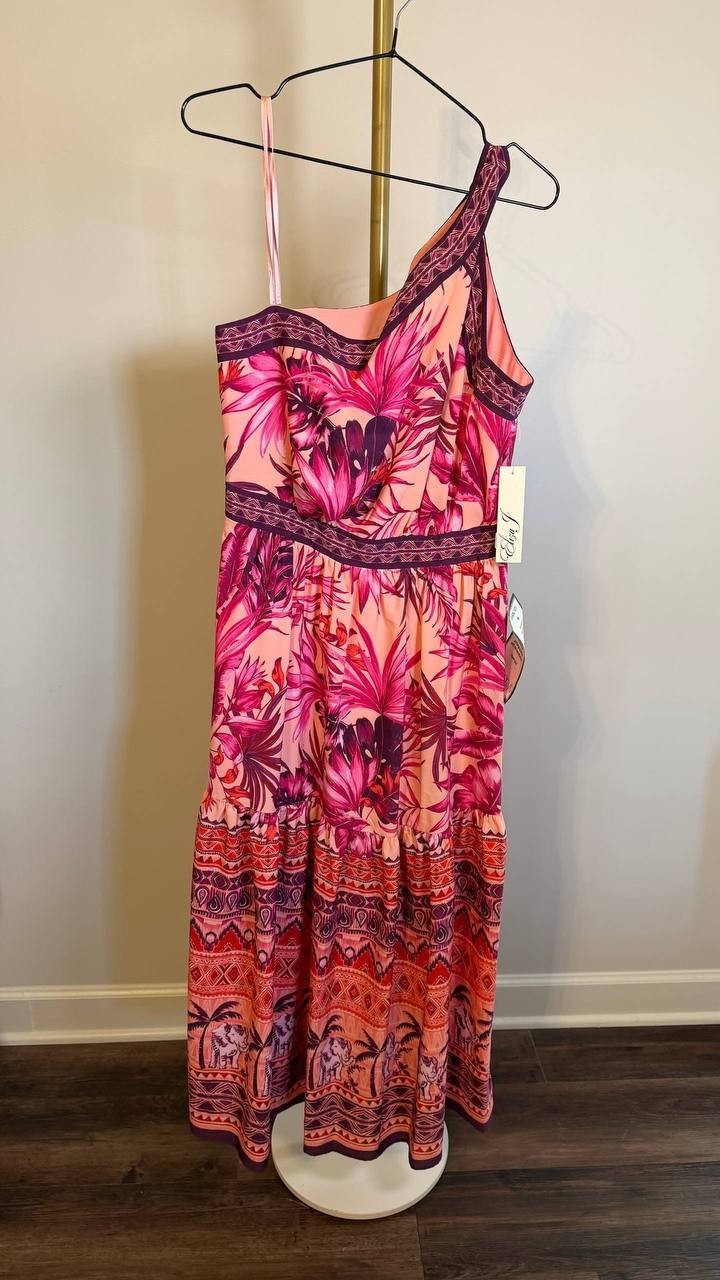 Eliza J Mixed-Print One-Shoulder Tiered Midi Dress Multicolor 8 $158 NWT