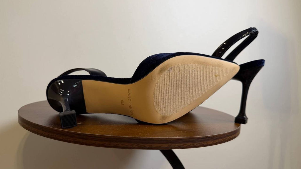 Marc Fisher Hadya Pumps 8M Navy Velvet Pre‑Owned Used at Home No Box $89