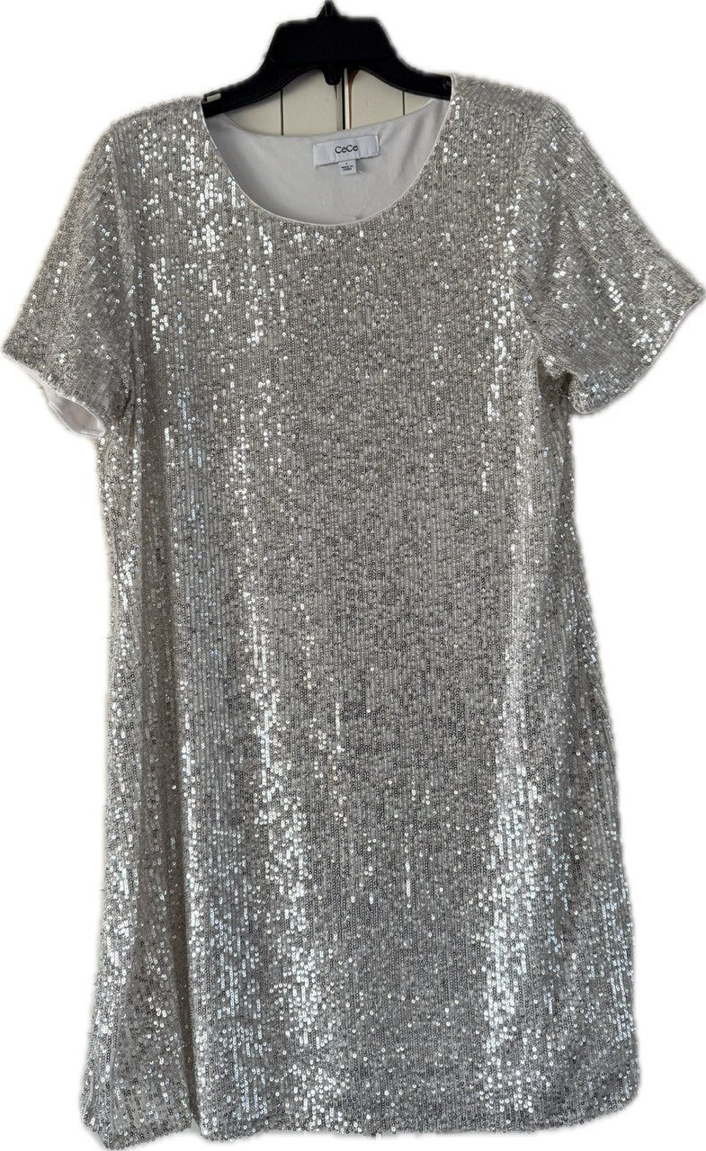CeCe Dress L Silver Sequin Short Sleeve Round Neck Party Cocktail Sparkle Used