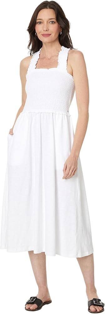 Tommy Hilfiger Dress M White Solid Smocked Bodice Sleeveless Midi Cotton NWT