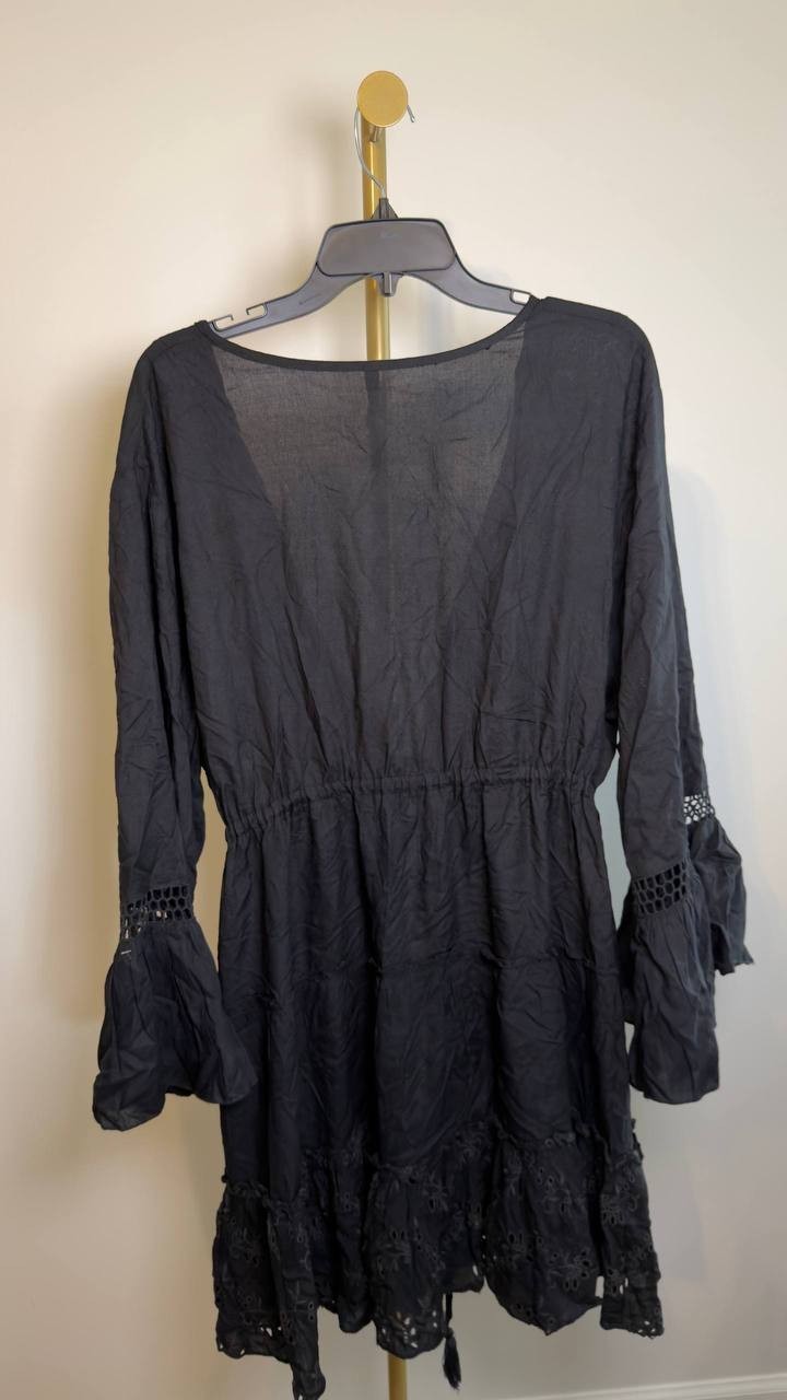Raviya Lace-Inset Tie-Front Tiered Swim Cover-Up Black 2X NWOT $48