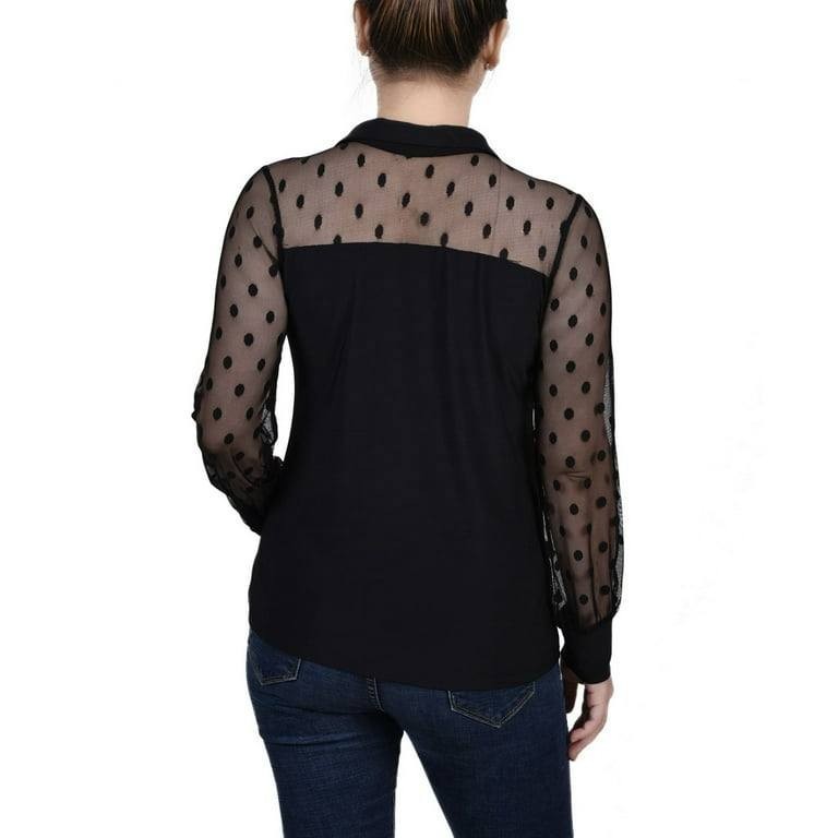 NY Collection Women’s Mesh Sleeve Top Black PL Petite $44 NWT