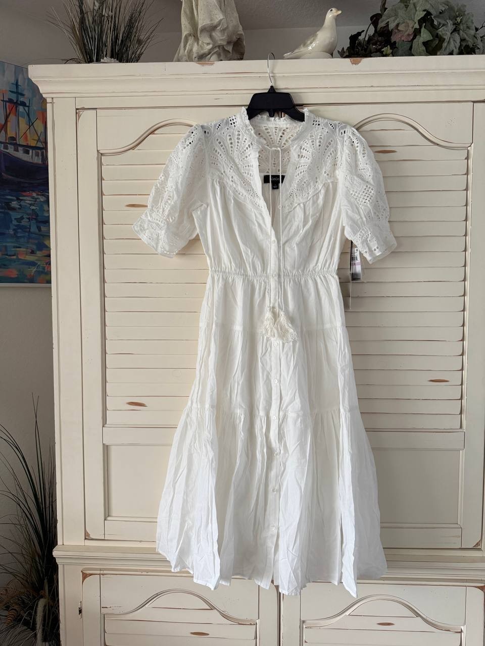 CeCe Dress 6 Ultra White Eyelet Trim Midi Puff Sleeve Belted Cotton NWT