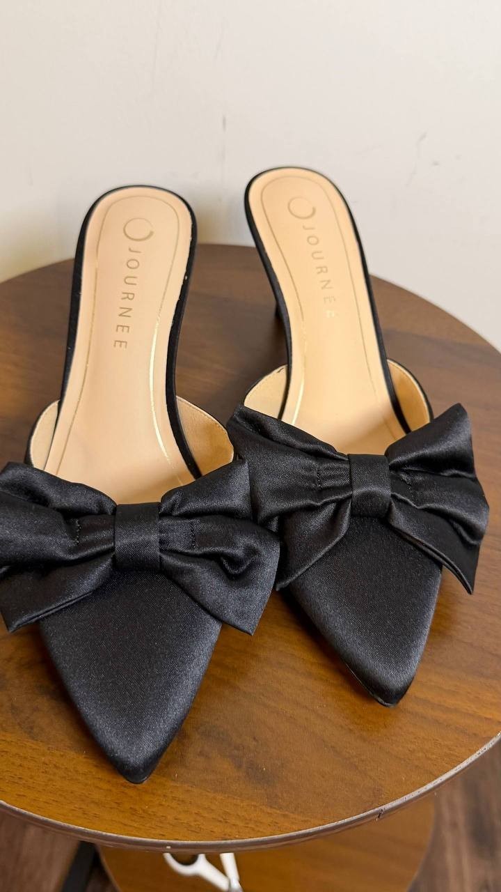 Journee Black Satin Tiarra Bow Heels 8.5M New in Box $93