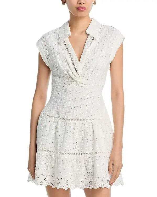 Alice + Olivia Mila Eyelet Deep V-Neck Mini Dress Off White Size 4 NWT