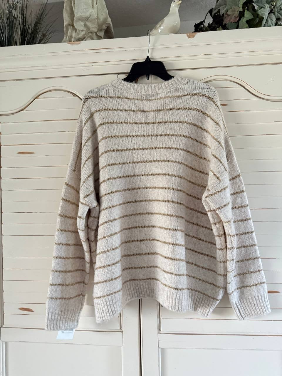 CeCe Women's Beige Gold Metallic Stripe Crewneck Alpaca Wool Sweater Size XL