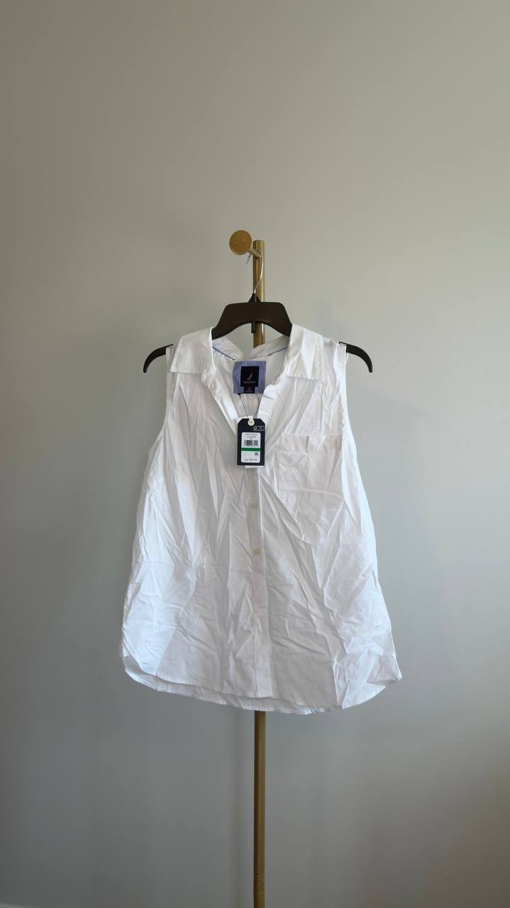 Nautica Cotton Sleeveless Button‑Front Top Bright White L NWT $59.50