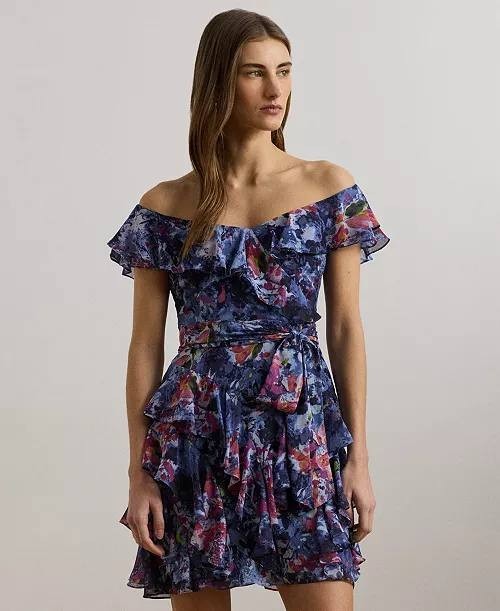 Lauren Ralph Lauren Off‑Shoulder Print Cocktail Dress 12 Blue Multi NWT $225