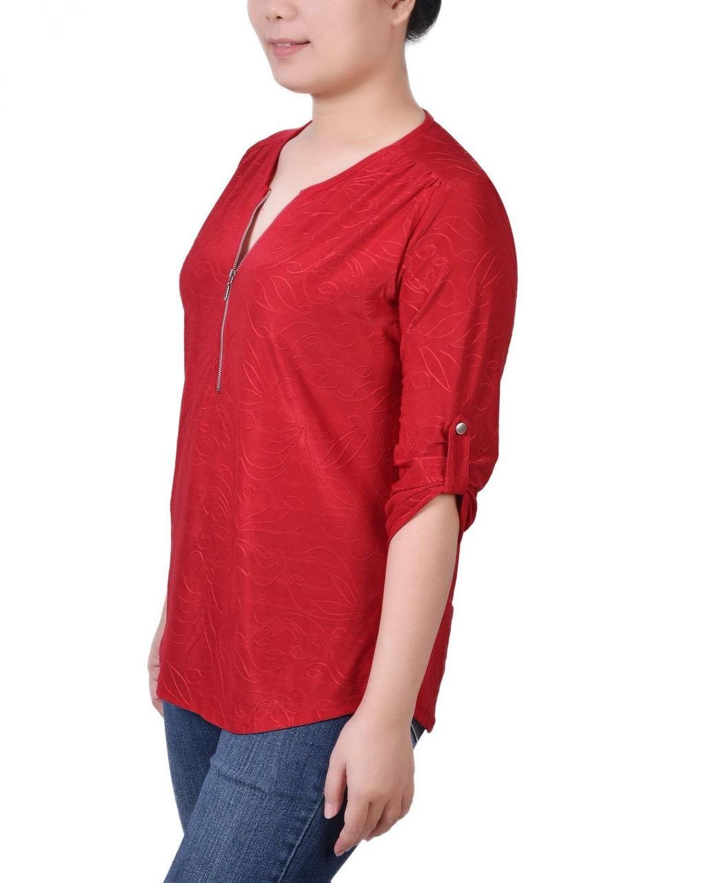 NY Collection Women’s 3/4 Roll Tab Zip Front Top Red 2X $44 NWT