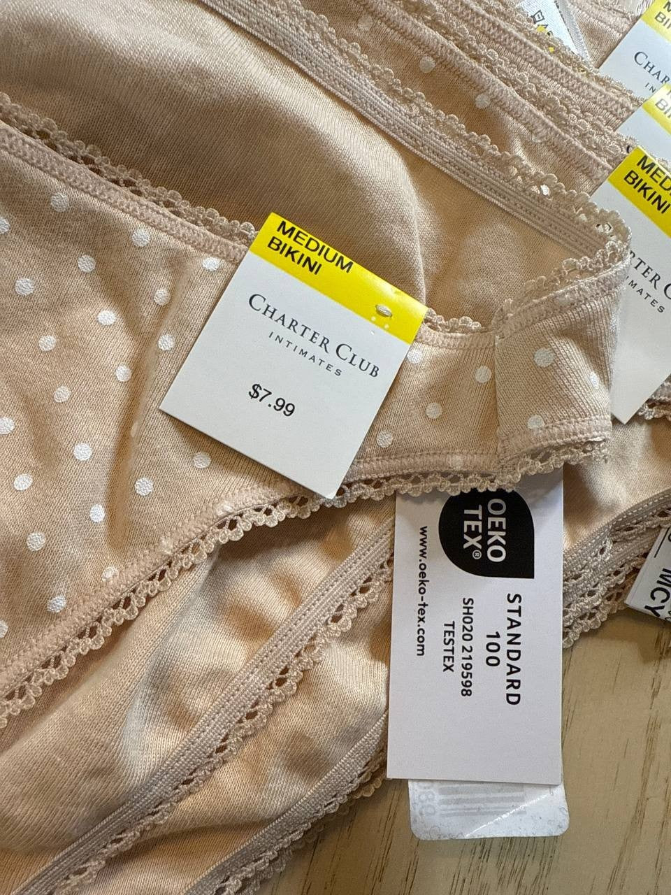 Charter Club Women’s Bikini Panties Size M Beige with White Polka Dots Lot of 5