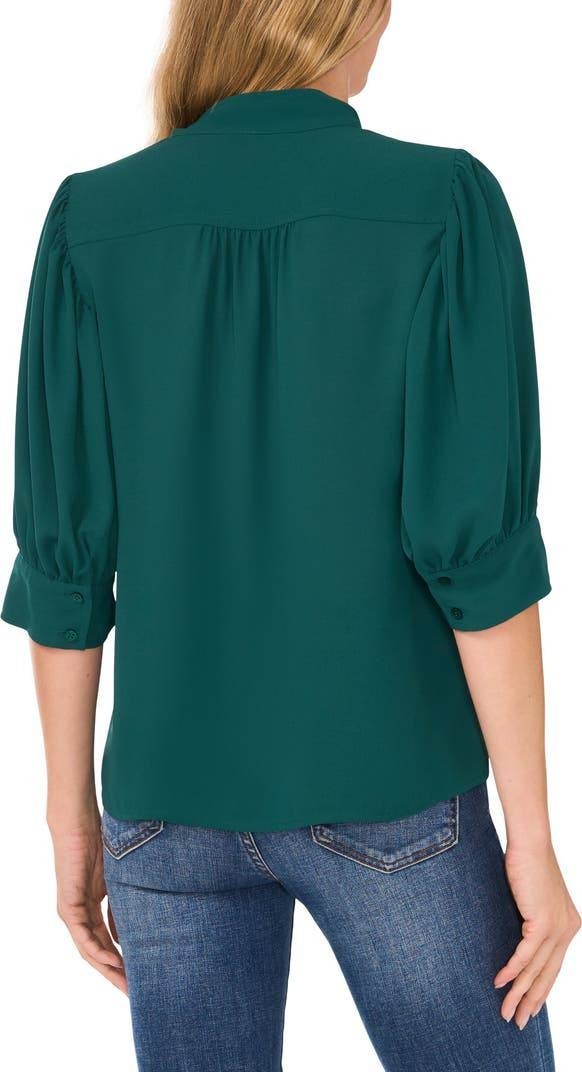 CeCe Puff Sleeve Button-Up Shirt Green Size S Feminine Blouse NWT MSRP $69