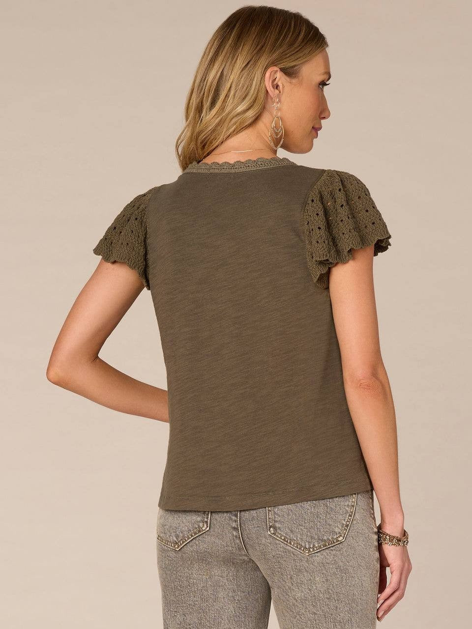 Democracy Short Crochet Flutter‑Sleeve Scoop‑Neck Knit Top – Size PM – NWT – $58