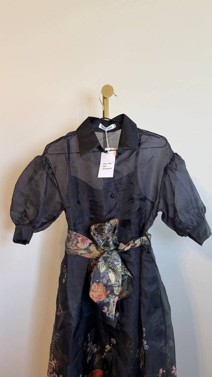 Nancy Yang Floral Print Dress Black Puff Sleeve Belted Size S NWT $195