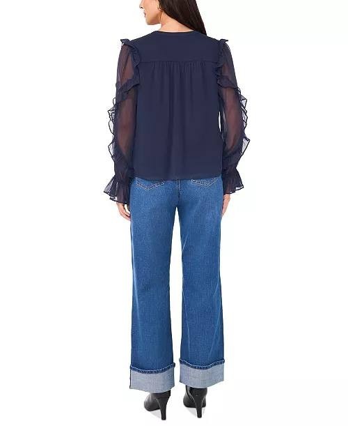 1.STATE Tie‑Neck Ruffled Sheer‑Sleeve Blouse Indigo Night XS NWT $79