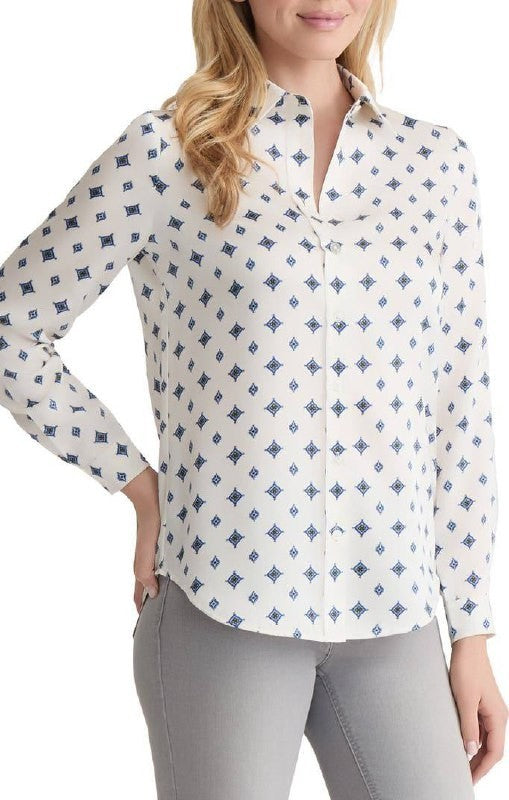 Jones New York Diamond‑Print Button‑Up Shirt – Black/White – Size L – NWT – $89.