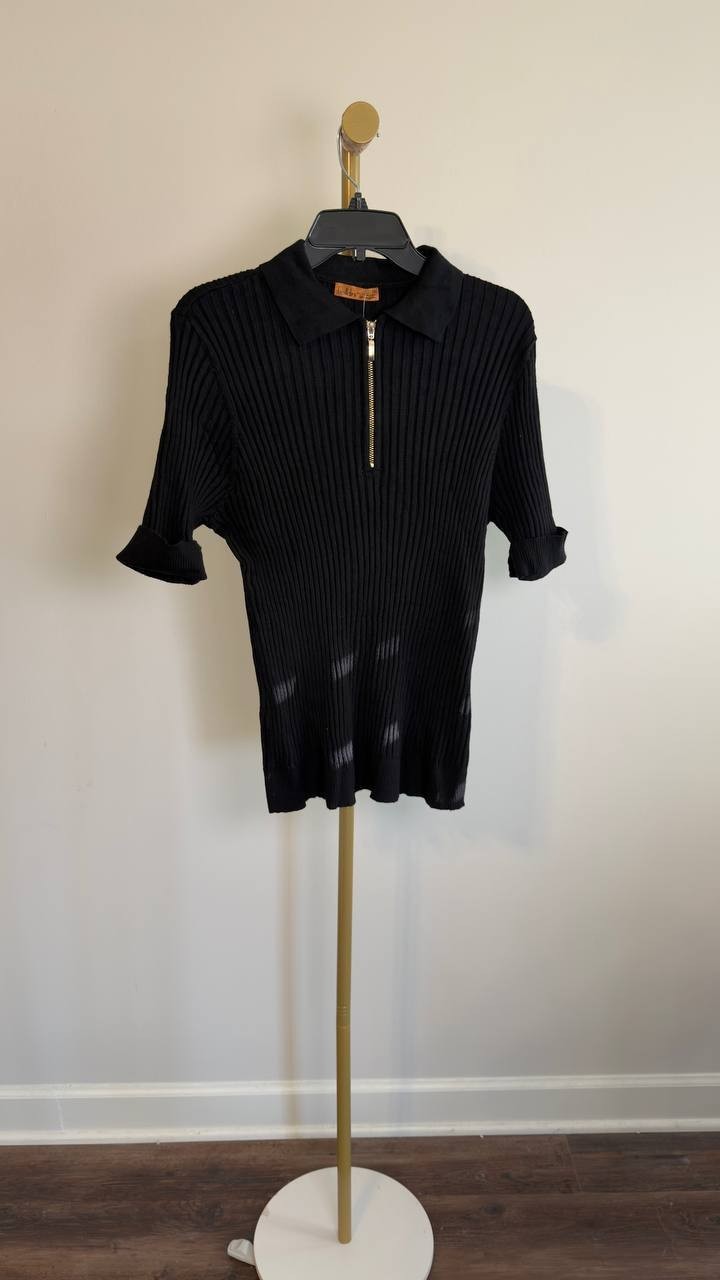 Belldini Plus Collared Quarter‑Zip Ribbed‑Knit Sweater Black 2X NWT $59