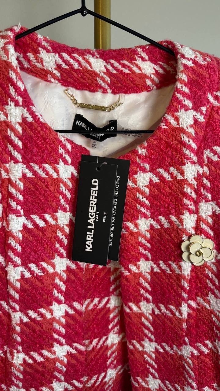 Karl Lagerfeld Paris Women’s Open‑Front Tweed Jacket Red White 8P $179 NWT