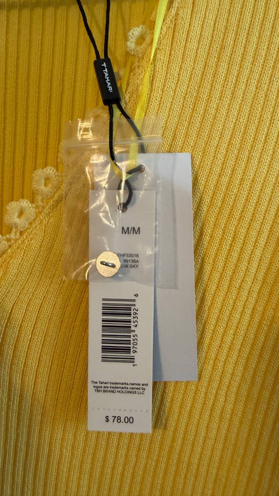 Tahari Women’s Ribbed Pointelle Button‑Front Sweater Yellow Sky $78 NWT